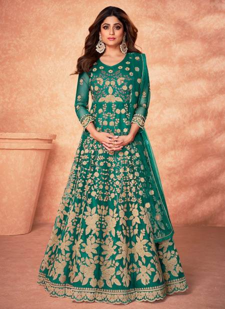 Teal Green Colour AASHIRWAD MORNI Heavy Wedding Wear Net Long Anrkali Slawar Suit Latest Collection 9184